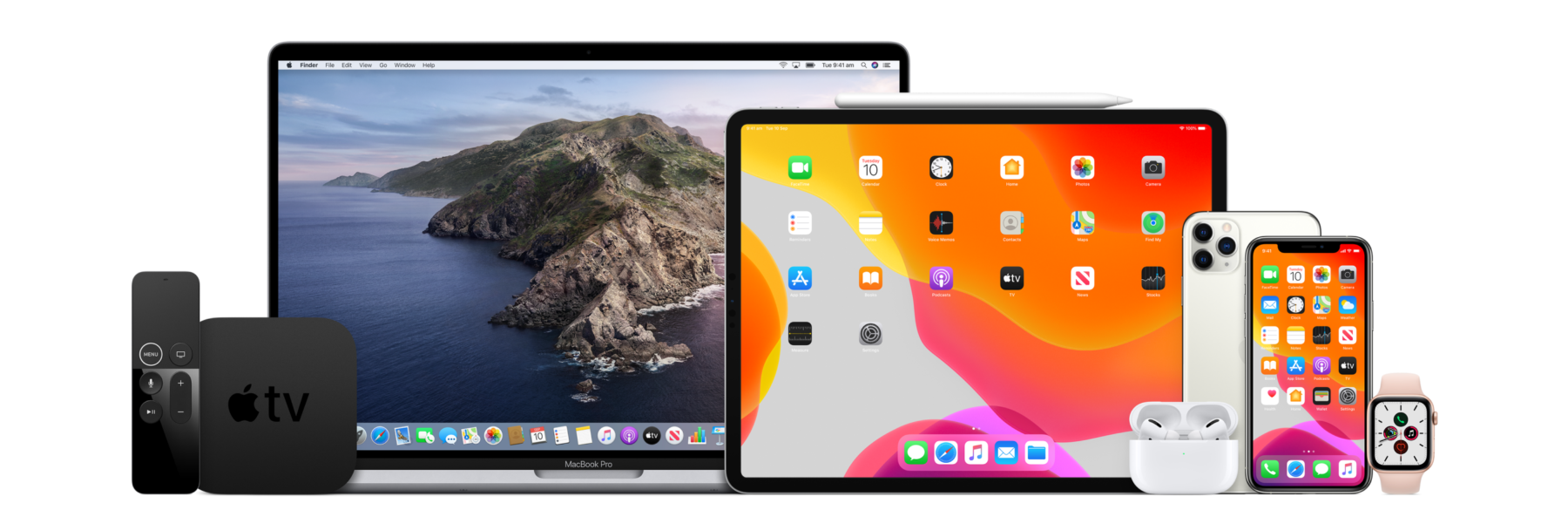 Various Apple devices including a MacBook Pro, iPad, iPhone, Apple Watch, Apple TV, and remote, showcasing their screens and designs.